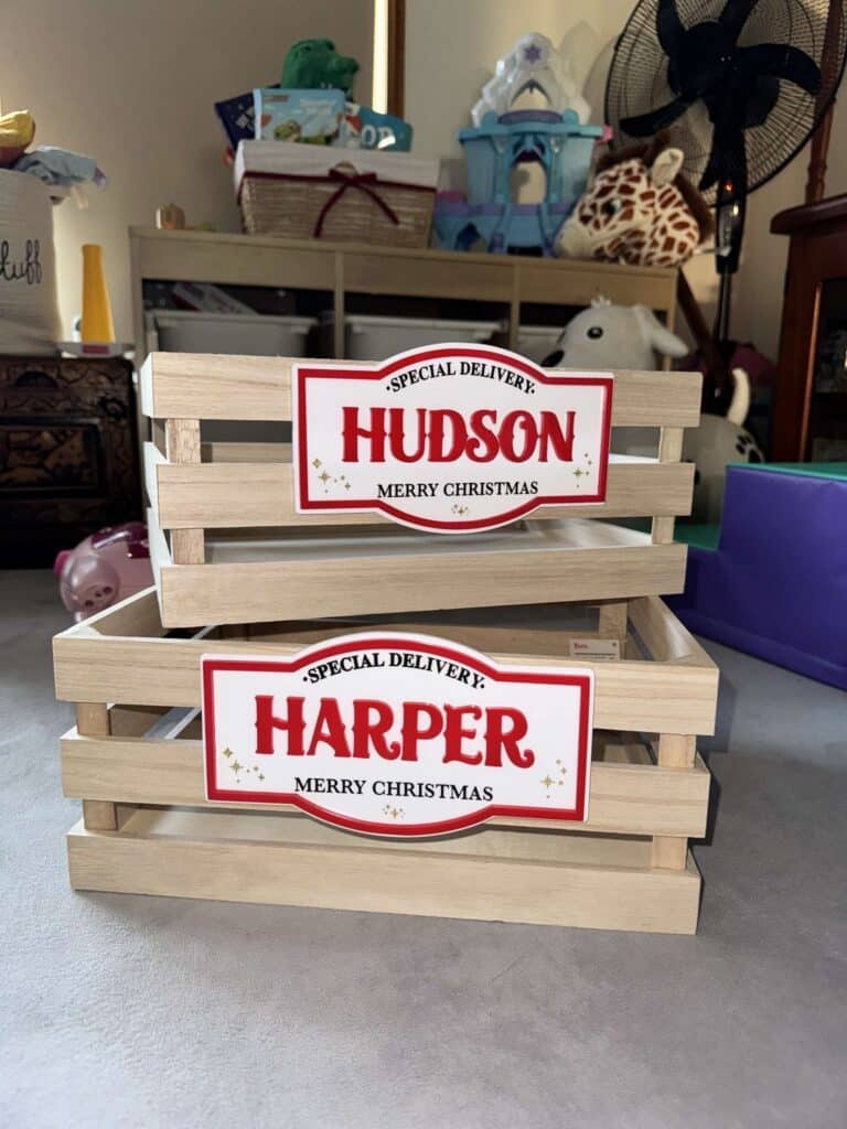 Personalised acrylic name sign on a neutral background.