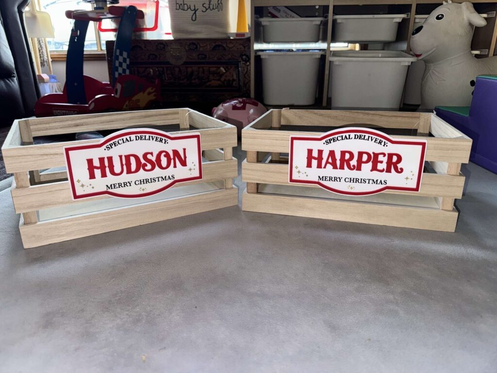 Personalised acrylic name sign, laser‑engraved and freestanding for home or event display.