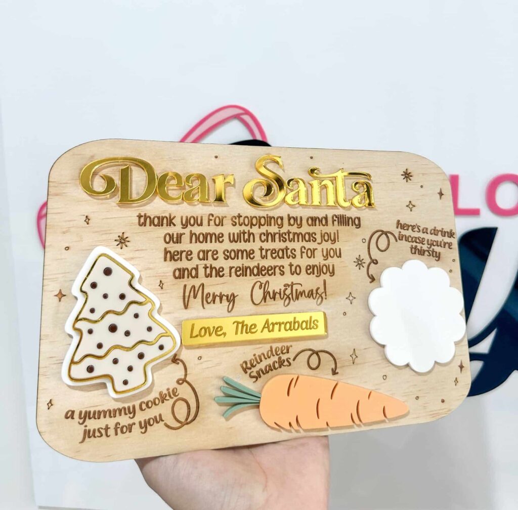 Personalised Santa Tray - Christmas Eve Board, wood with acrylic detailing, with mirrored finish, ready for personalisation.