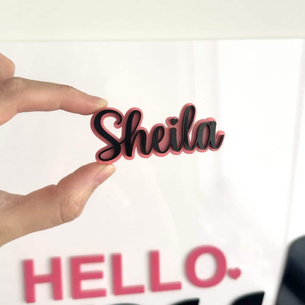 acrylic cake topper with double layer design, personalised with custom name, handcrafted keepsake.