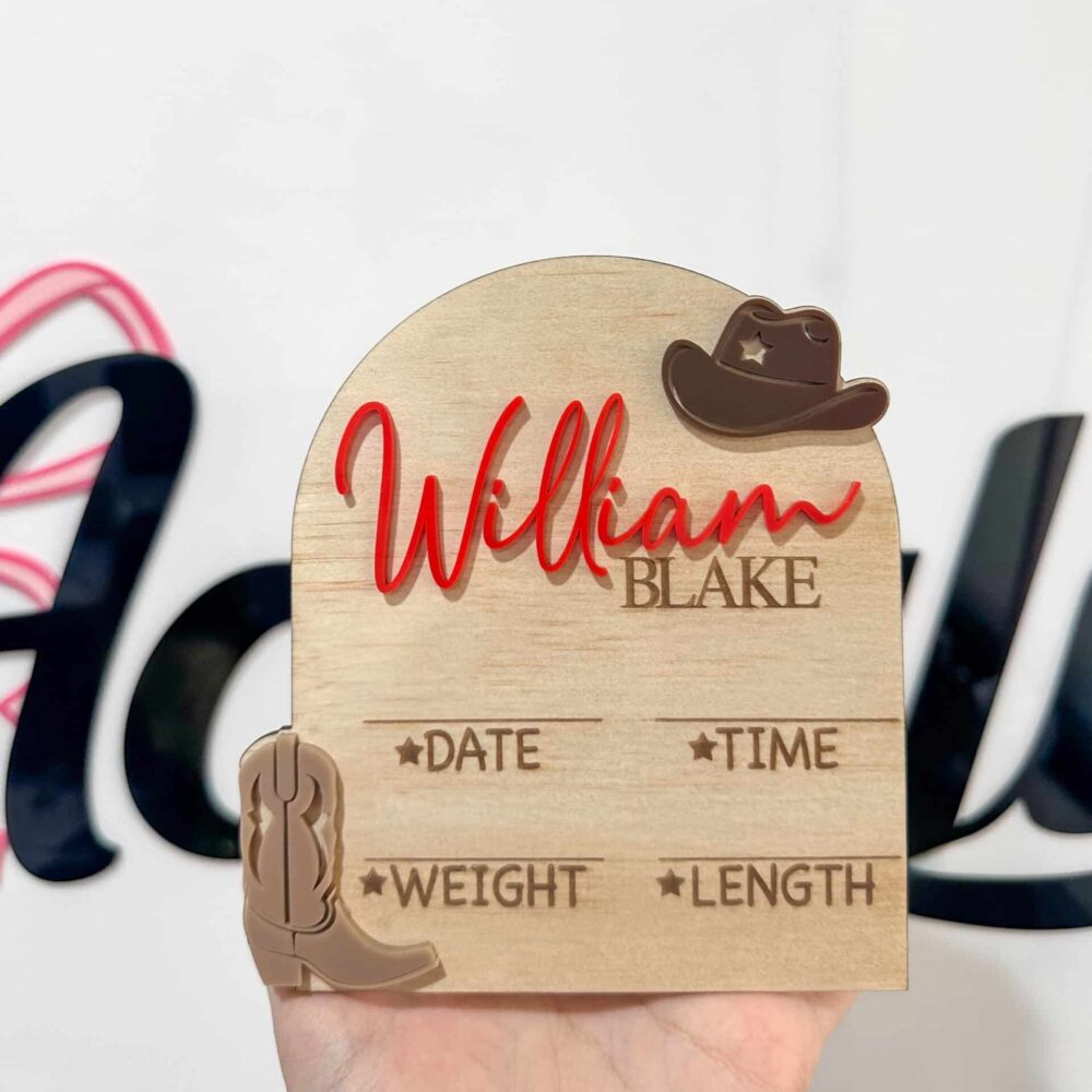 Personalised Cowboy Baby Birth Announcement Plaque