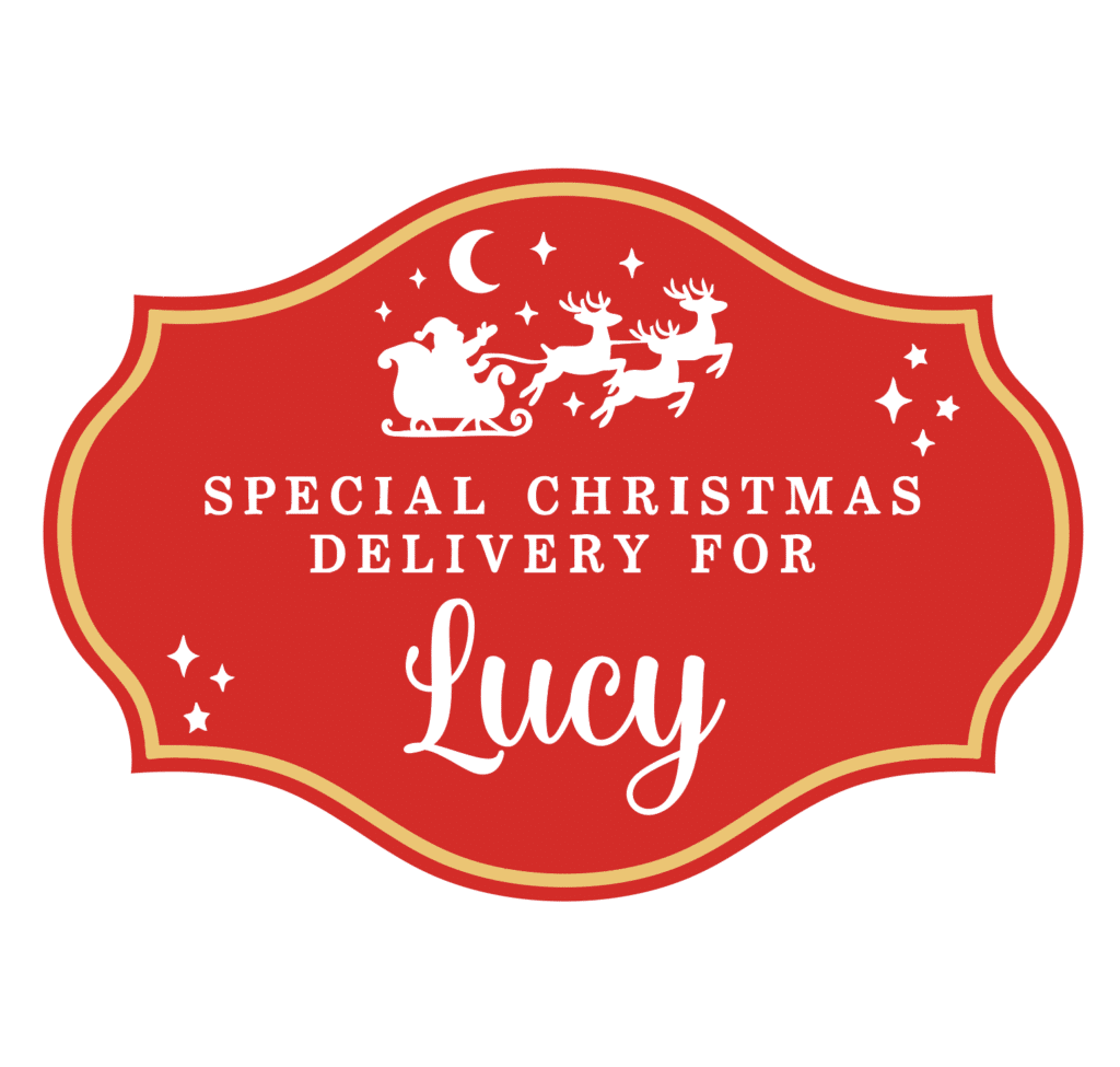 Red and gold personalised Christmas delivery label reading Special Christmas Delivery for Lucy with Santa sleigh