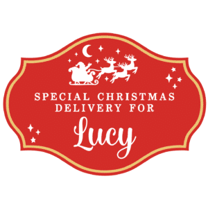 Red and gold personalised Christmas delivery label reading Special Christmas Delivery for Lucy with Santa sleigh