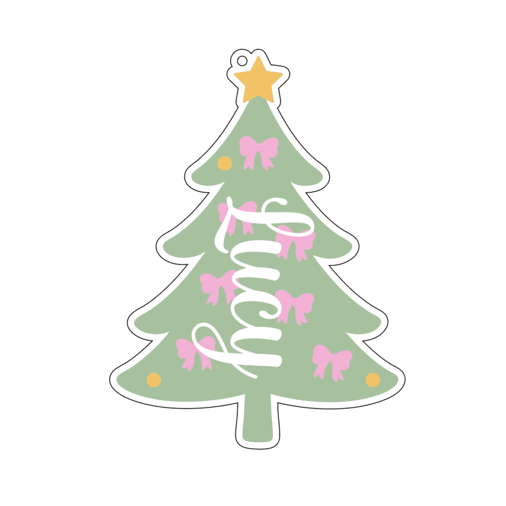 Green acrylic Christmas tree ornament personalised with the name Lucy, yellow star and pink bows.