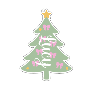 Green acrylic Christmas tree ornament personalised with the name Lucy, yellow star and pink bows.