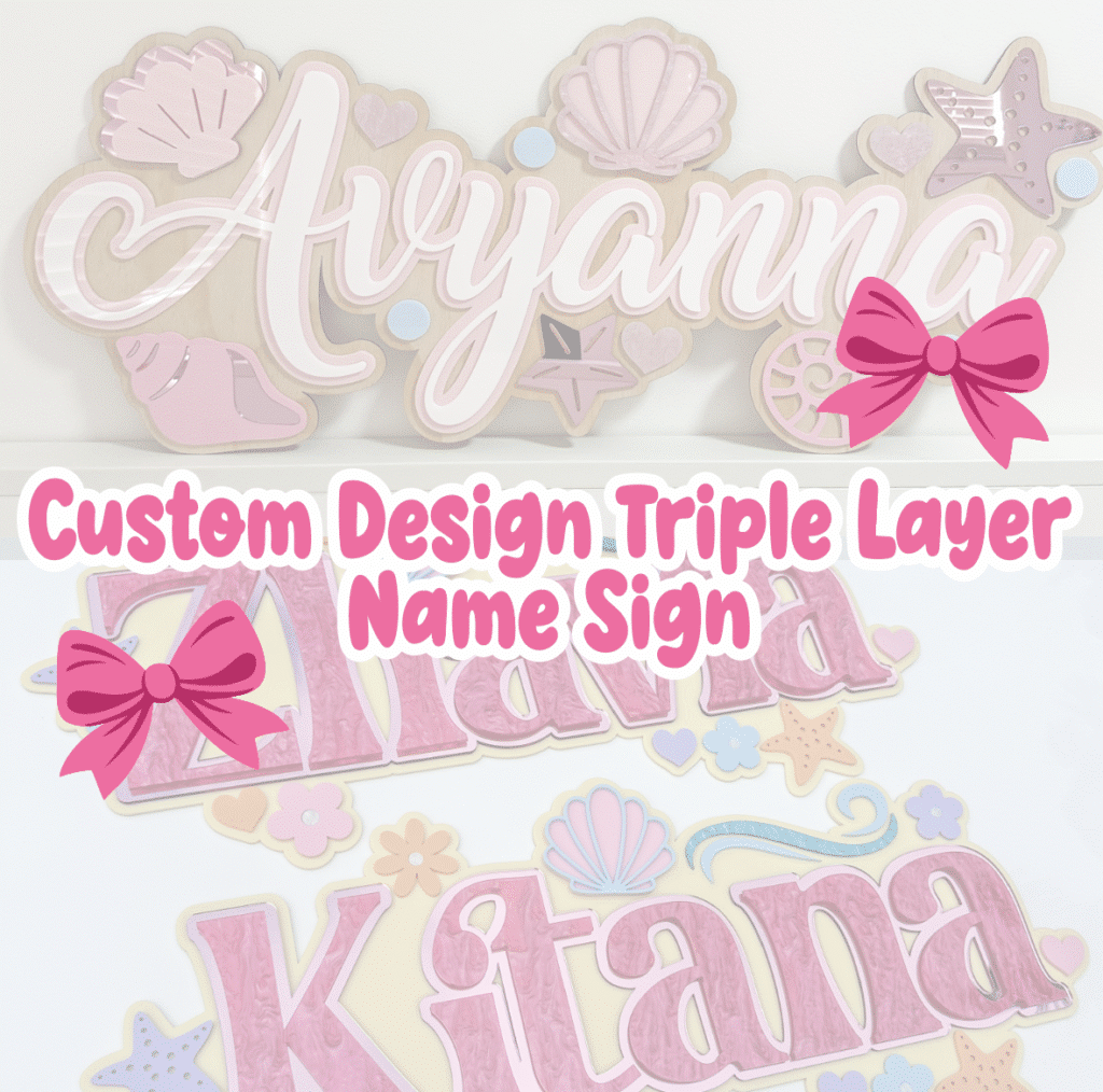 Custom theme triple layer name sign personalised, made from layered acrylic with a glossy finish.
