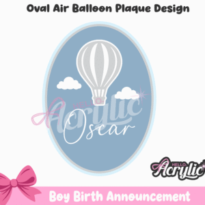 Personalised Hot Air Balloon Name Sign Acrylic nursery sign showing a boy holding a hot air balloon illustration.
