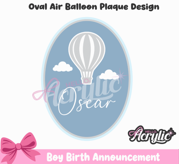 Personalised Hot Air Balloon Name Sign Acrylic nursery sign showing a boy holding a hot air balloon illustration.