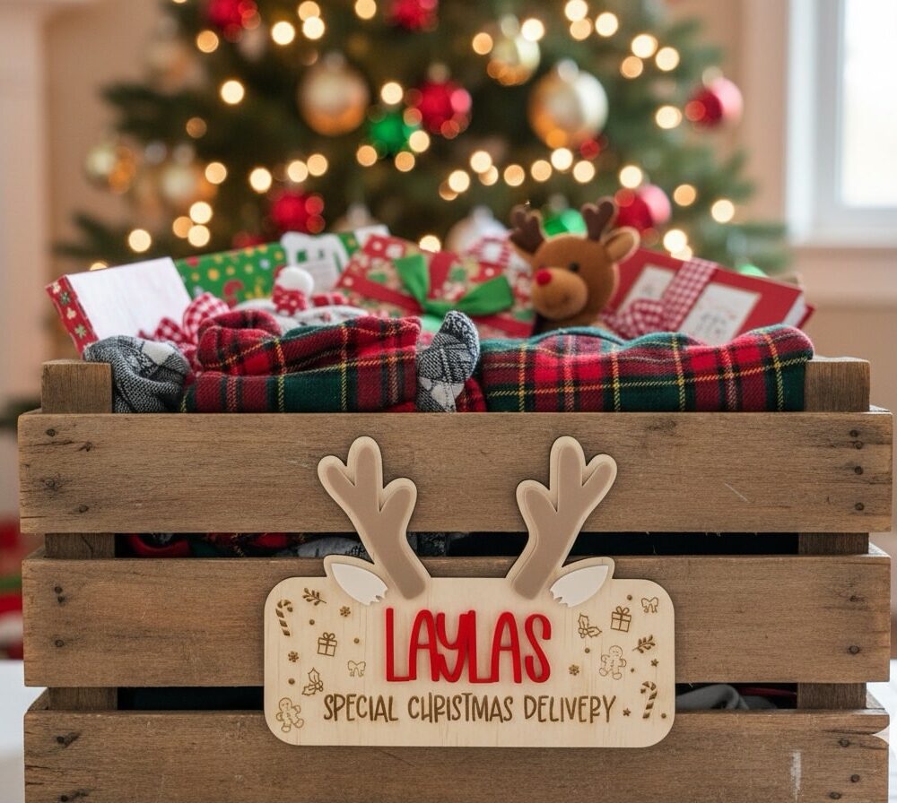 Wooden crate filled with Christmas gifts and plaid blankets with Antler reindeer decoration in front of lit Christmas tree