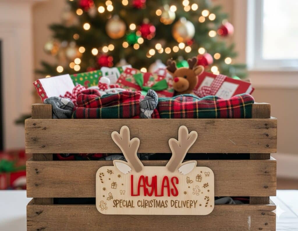 Wooden crate filled with Christmas gifts and plaid blankets with Antler reindeer decoration in front of lit Christmas tree