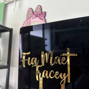 acrylic cake topper, custom, single layer, personalised, gold mirror finish, cake topper.