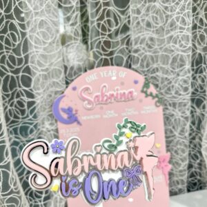 acrylic photo board featuring a fairy garden scene, personalised with the baby's name and first year details.