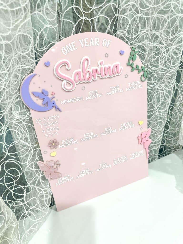 acrylic photo board, fairy garden theme, custom, first year baby, ready for personalisation.