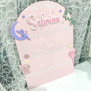 acrylic photo board, fairy garden theme, custom, first year baby, ready for personalisation.