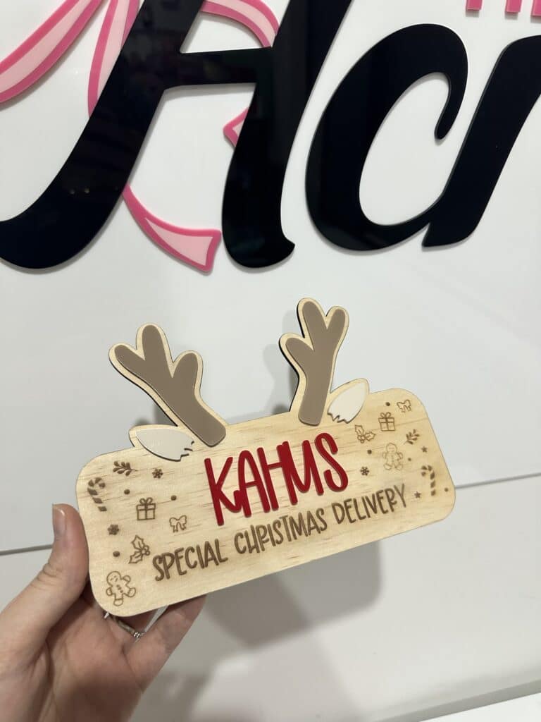 engraved plywood with raised acrylic lettering, Personalised Christmas Crate Plaque Reindeer Antlers.
