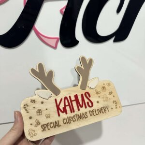 engraved plywood with raised acrylic lettering, Personalised Christmas Crate Plaque Reindeer Antlers.