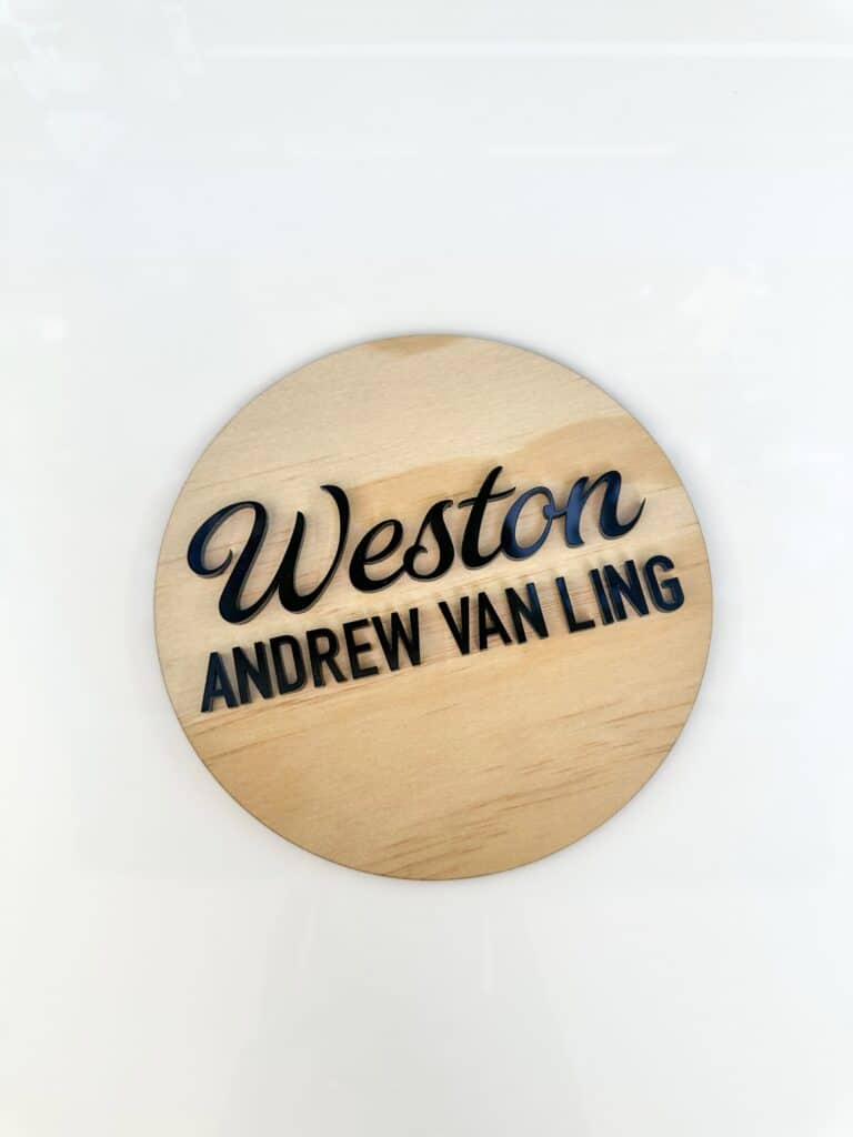 acrylic baby announcement name plaque with coloured text, personalised, custom, handcrafted, bespoke.