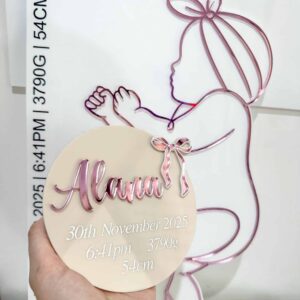 engraved plywood with acrylic detailing, with mirrored finish, baby girl birth announcement bow personalised plaque.