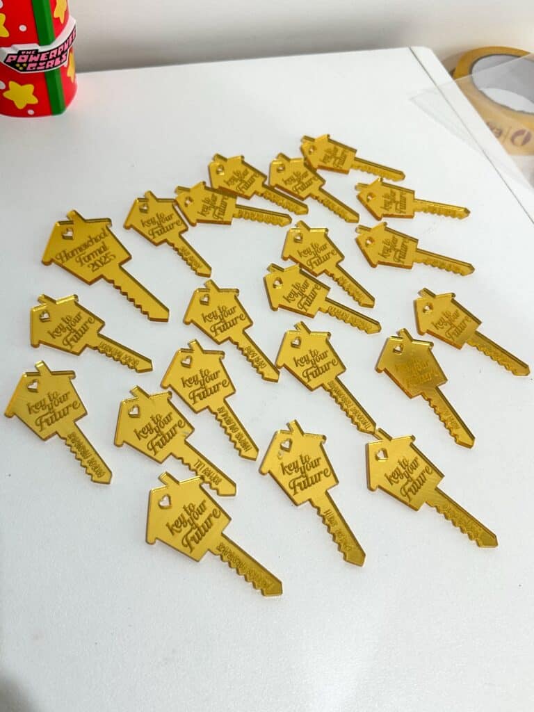 acrylic key to your future gold mirror house tag, personalised, custom, bespoke.