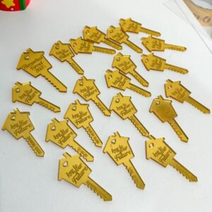acrylic key to your future gold mirror house tag, personalised, custom, bespoke.