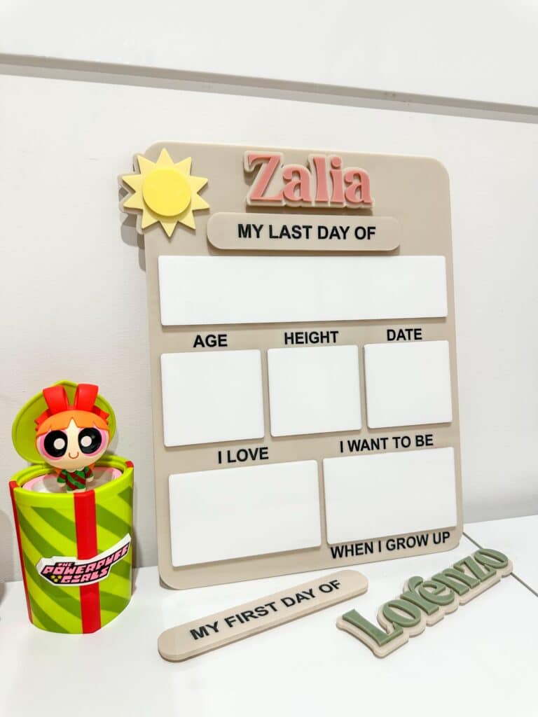 Customisable First & Last Day of School Acrylic Boards, personalised, with a customised design, for recording a child's.
