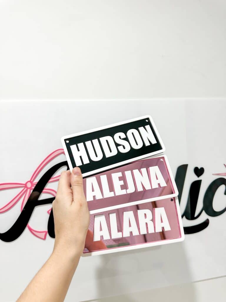 Custom Ride-On Name Plate for Kids Vehicles, layered acrylic with mirrored finish.