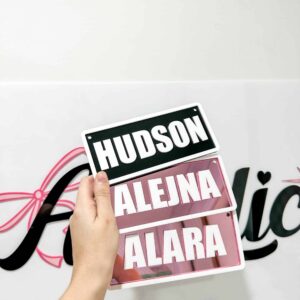 Custom Ride-On Name Plate for Kids Vehicles, layered acrylic with mirrored finish.