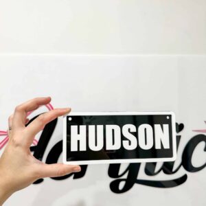 Custom Ride-On Name Plate for Kids Vehicles, layered acrylic with mirrored finish.