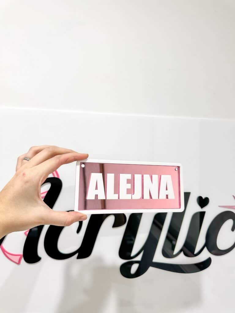 Custom Ride-On Name Plate for Kids Vehicles, layered acrylic with a mirrored finish.