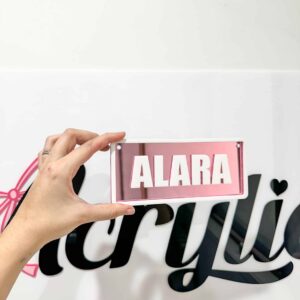 Acrylic layered name plate for kids' ride-on vehicles, ready for personalisation