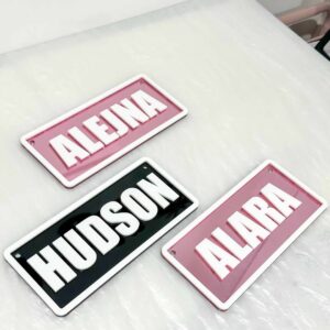 layered acrylic name plate with mirrored finish, custom ride-on name plate for kids vehicles.