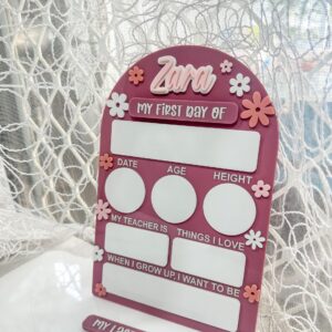Acrylic board, daisy arch design, personalised, custom, handcrafted, first and last day of school keepsake.