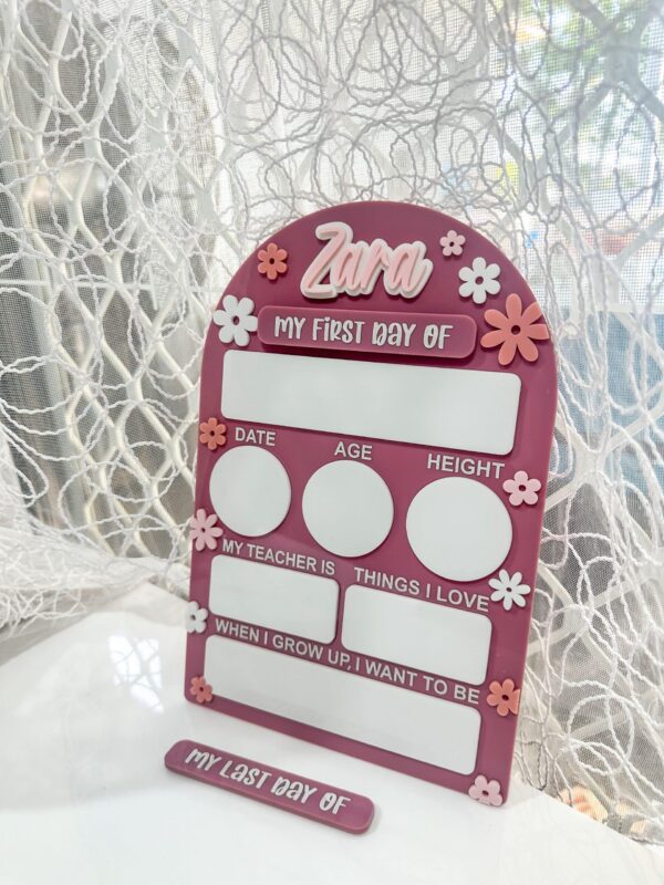 Acrylic board, daisy arch design, personalised, custom, handcrafted, first and last day of school keepsake.