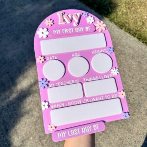Personalised layered acrylic First & Last Day of School name sign with daisy arch and Velcro toppers.