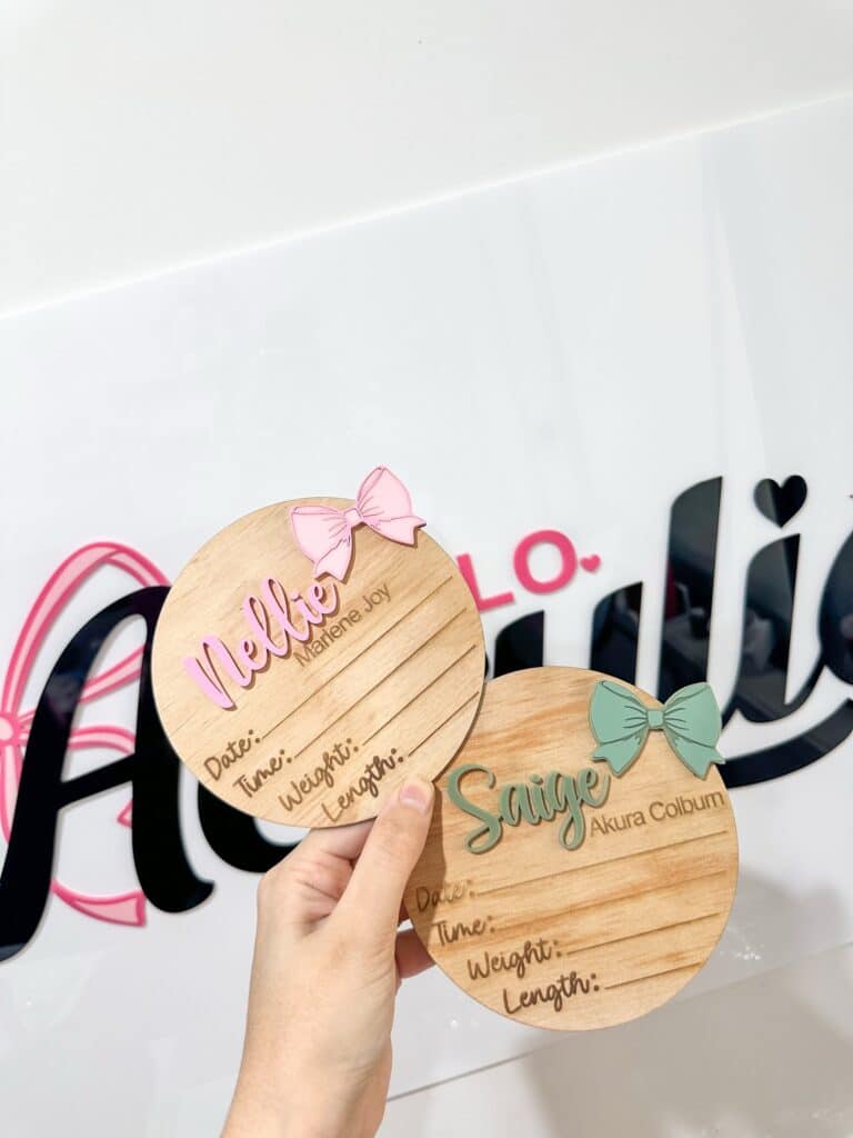 Baby announcement plaque with details in bow theme, personalised, custom, acrylic.