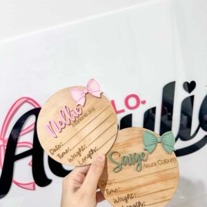 Baby announcement plaque with details in bow theme, personalised, custom, acrylic.