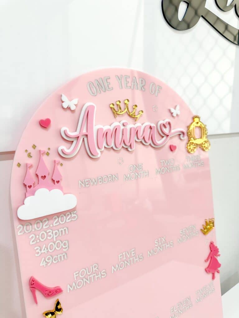 layered acrylic photo board for a first year baby girl, princess theme, ready for personalisation.