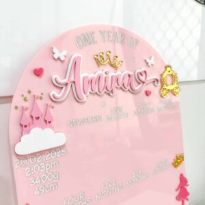 layered acrylic photo board for a first year baby girl, princess theme, ready for personalisation.