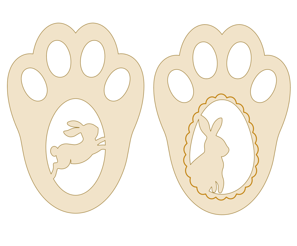 Wooden Easter bunny feet stencil with magical footprint design. Personalised, custom, handcrafted, bespoke. Easter-themed.