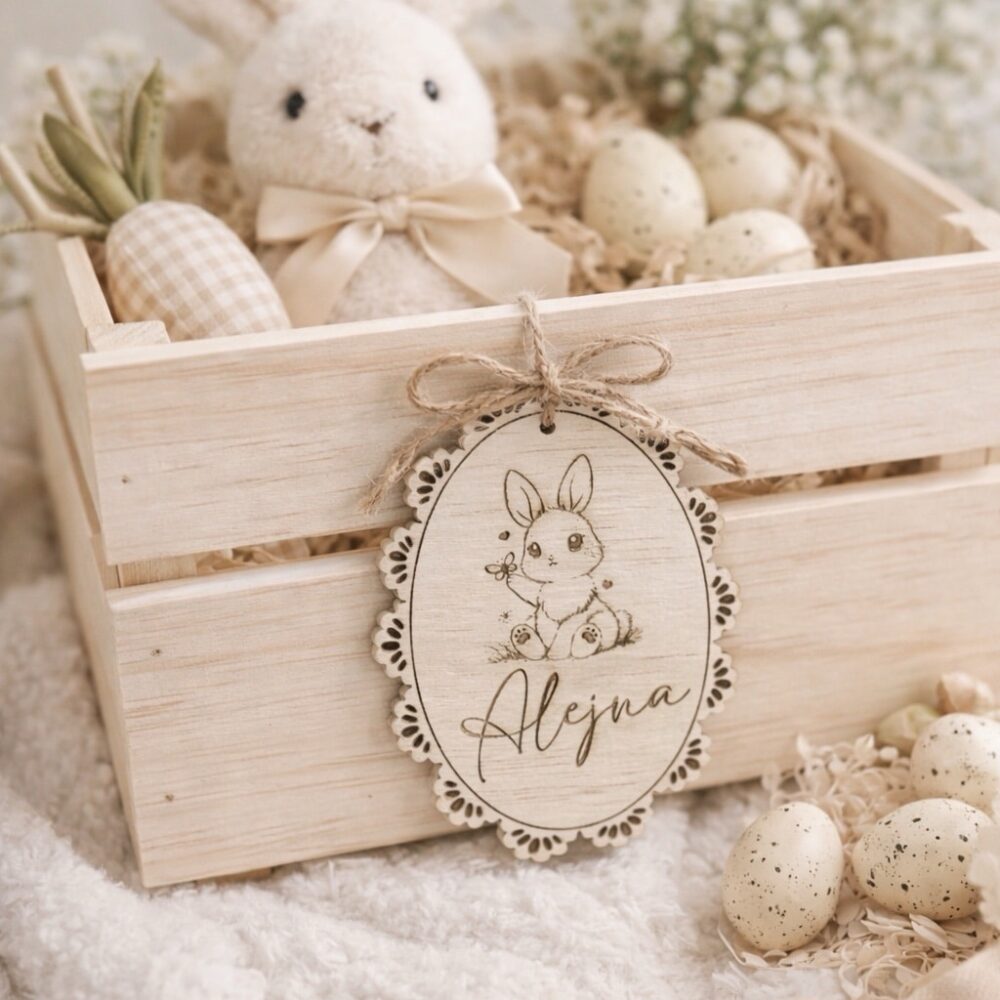 Personalised Easter Crate Tag, Vintage Wooden Lace