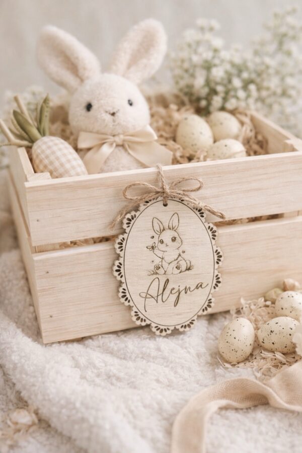 Personalised Easter Crate Tag, Vintage Wooden Lace