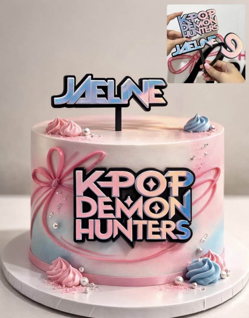Acrylic cake topper set for K-Pop Demon Hunters fans, featuring 3D design and customisable with your name. Personalised.