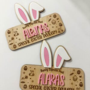 The Easter Bunny Express Mail Crate Plaque with Ears is a custom, handcrafted, and bespoke acrylic (frosted) keepsake. It.