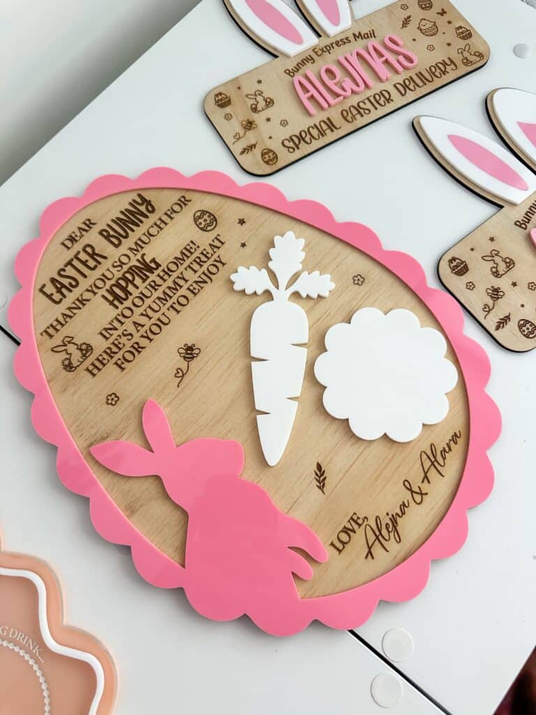Acrylic Easter Bunny Treat Board 30cm Scalloped Egg Keepsake. Personalised, custom, handcrafted, bespoke.