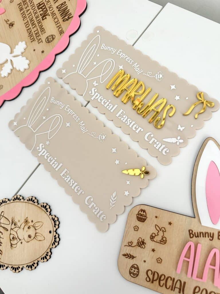 Acrylic Easter crate plaque, custom, handcrafted, bunny-themed, ready for personalisation.