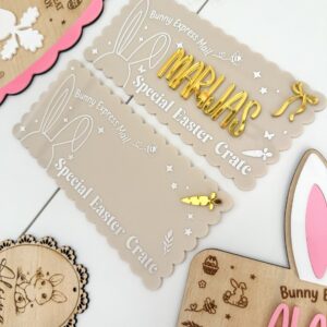 Acrylic Easter crate plaque, custom, handcrafted, bunny-themed, ready for personalisation.