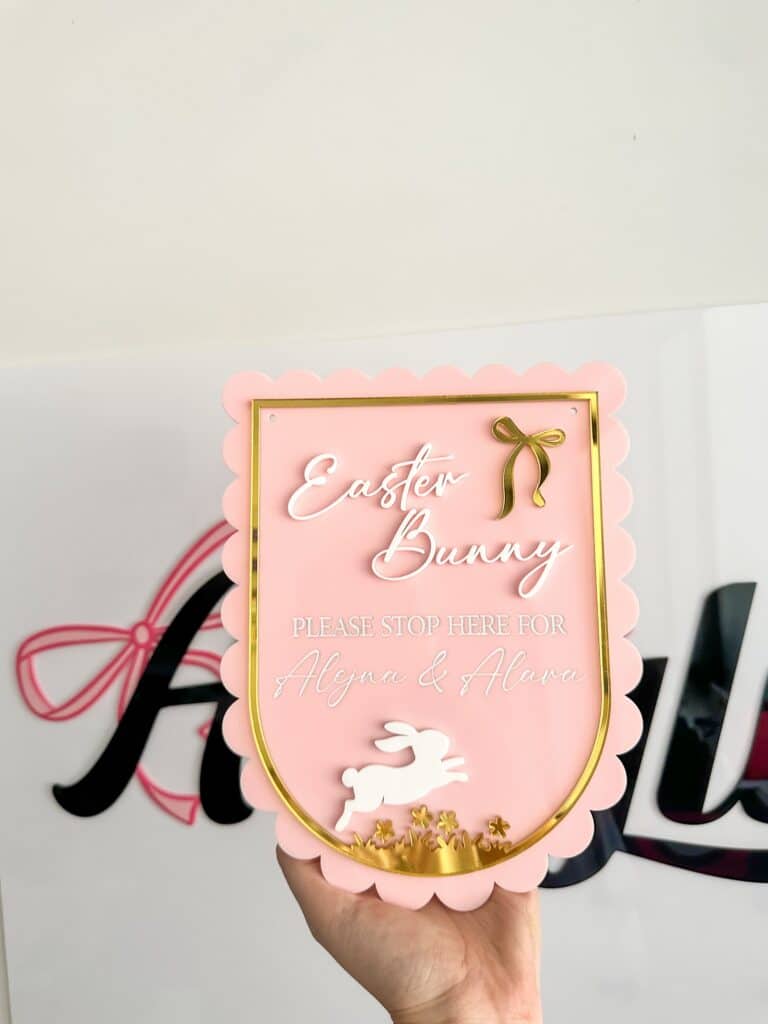 engraved wood with acrylic detailing, with mirrored finish, personalised Easter Bunny stop here door sign.