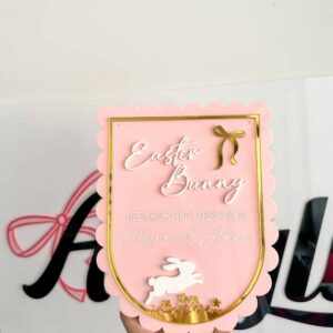 engraved wood with acrylic detailing, with mirrored finish, personalised Easter Bunny stop here door sign.