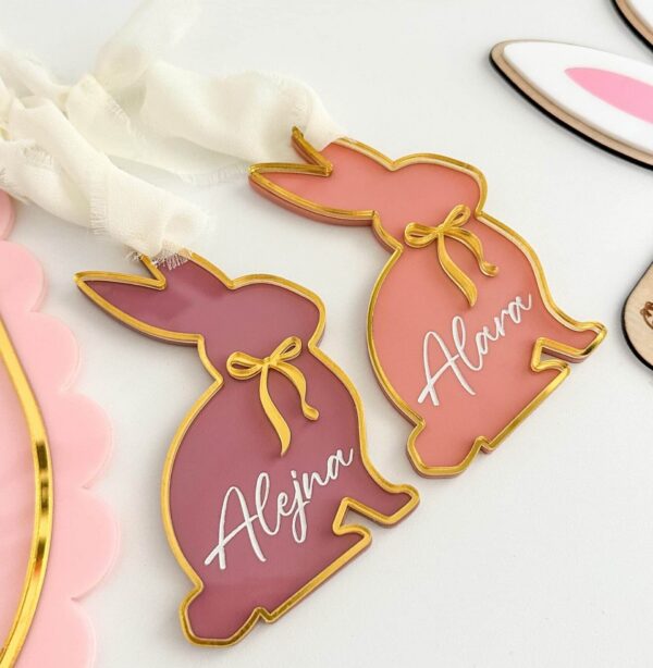 acrylic bunny crate name tag, personalised with a custom name, perfect for Easter.