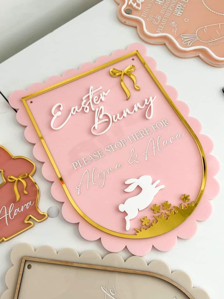 engraved wood with acrylic detailing, with mirrored finish, personalised Easter Bunny Stop Here Door Sign.